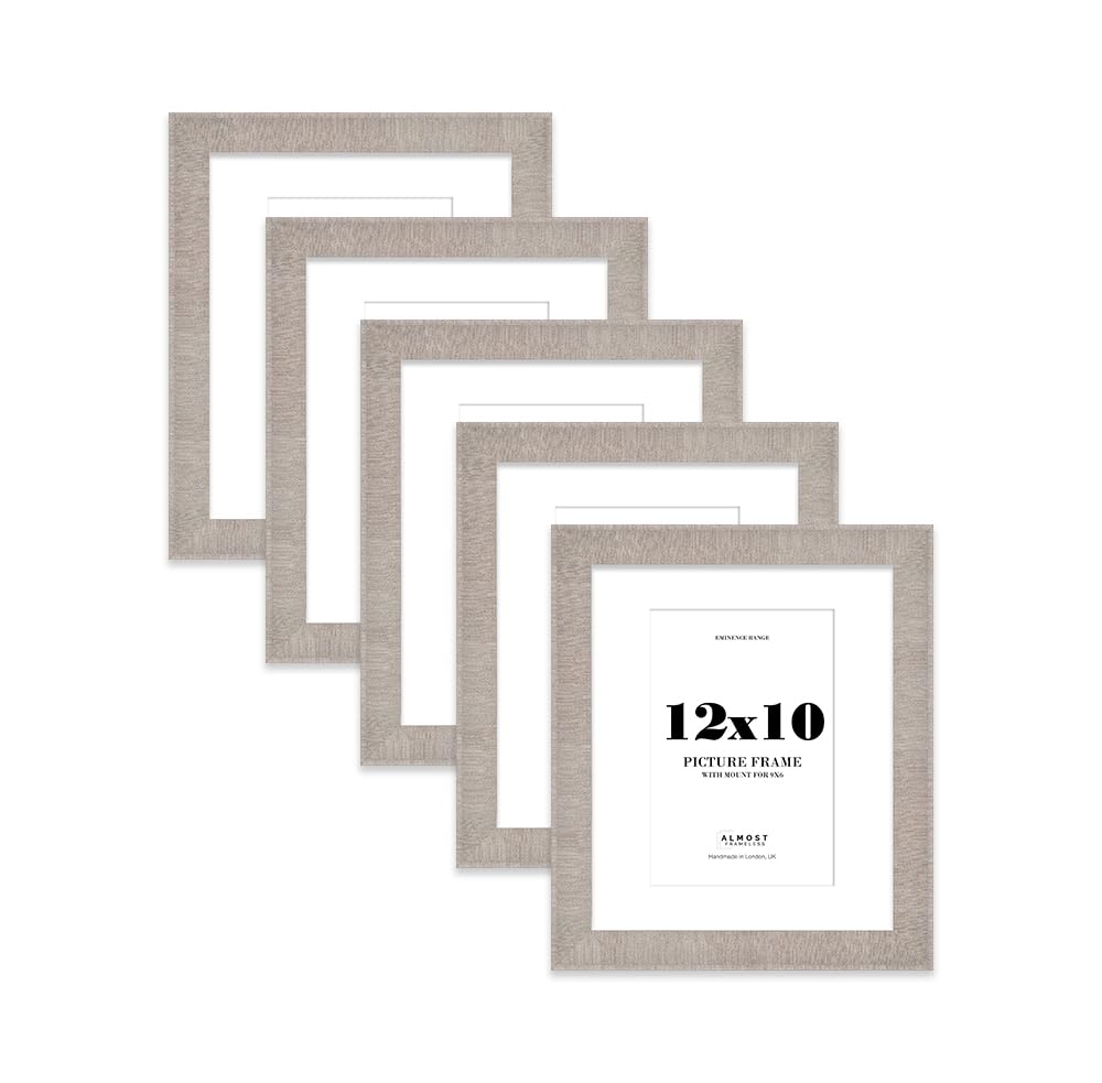 12x10" Grey Picture Frame with 9x6" Mount - Shabby Chic Photo Frame with Distressed Finish, Wall Hooks and Kickstand, 32mm Edge - 5 Pack