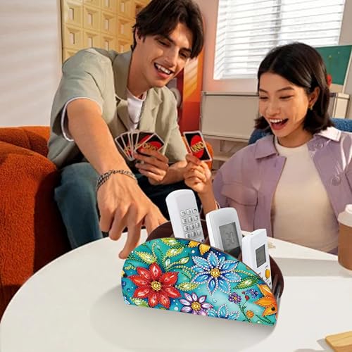 Image of DIY Diamond Painting Storage Box Floral Design Multi-Compartment Wooden Organizer for TV AC Remotes, Makeup Brushes, Pens, Desktop Tabletop Craft Storage