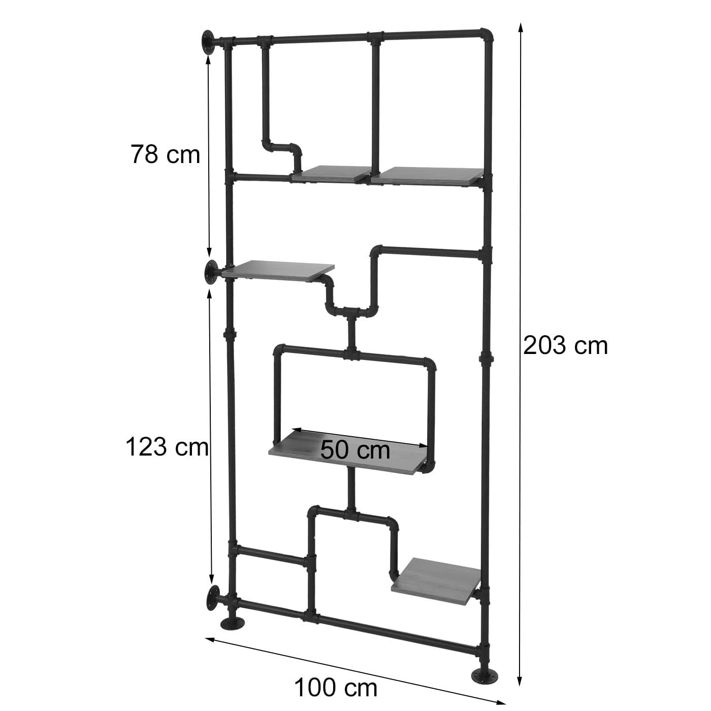 Divisorio con ripiani HWC-P10, scaffale da soggiorno, metallo industriale melaminico MVG 203x100x20 cm - marrone scuro