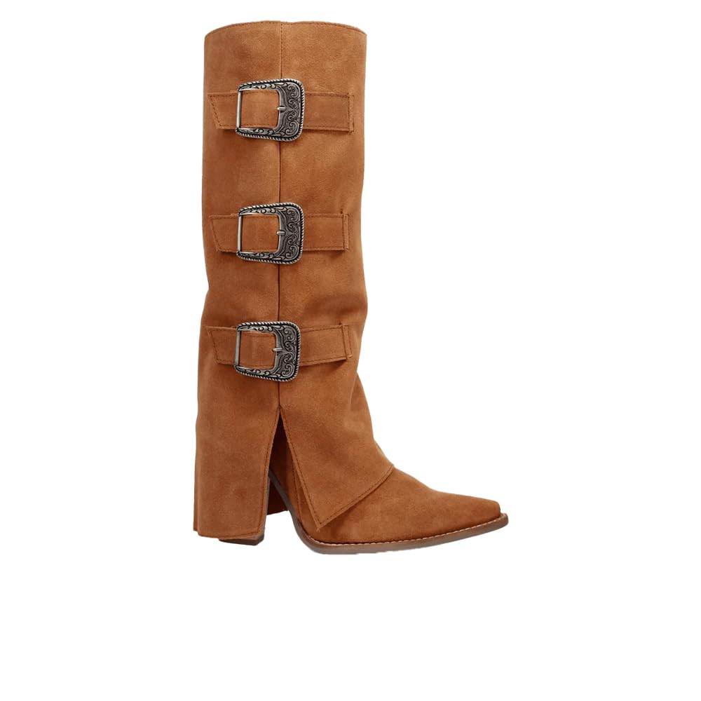 Dingo Womens Buckle Bunny Suede Leather Casual Boots Over the Knee Mid Heel 2-3 - Beige