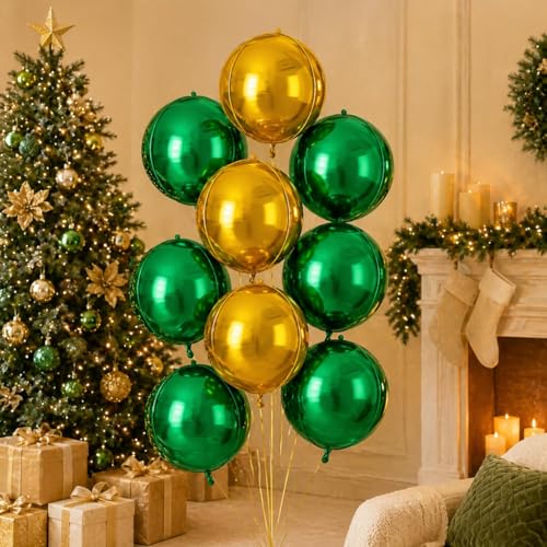Image of 9 Pcs Green Gold Round Foil Balloons,22 Inch Round Balloons | Green Gold Giant 4D Round Ball Balloons For Birthday Jungle Safari Graduation St Patrick's Day Decorations