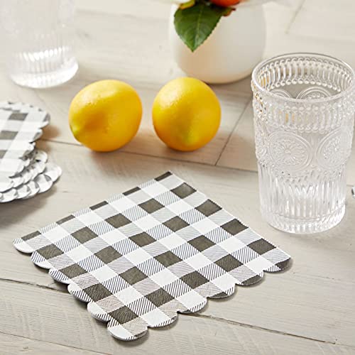 Black Plaid Scalloped Paper Napkins For Party Supplies (6.5 X 6.5 In, 100 Pack) #TOP2