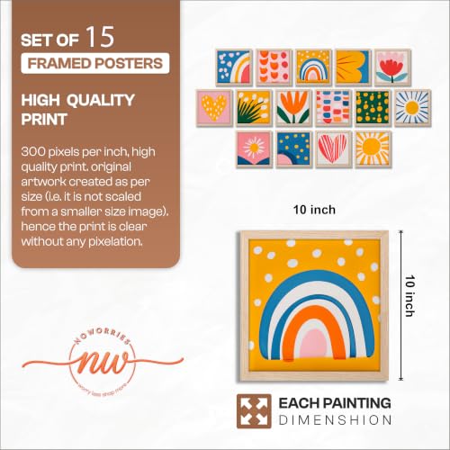 Image of NoWorries Colorful Abstract Wall Painting Set of 15 with Frame | Modern Rainbow, Heart, Sun, Floral & Geometric Art Prints for Kids Room, Nursery, Bedroom, Playroom, Living Room and Home Wall Decor (Art-3, Frame Size-10x10 inches)