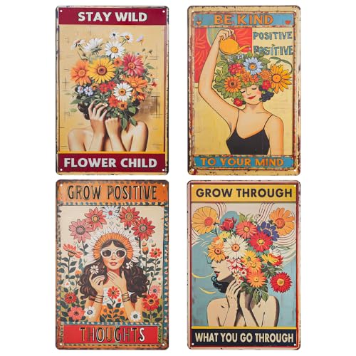 HMIEPRS Lot de 4 Panneau en Métal Vintage, Plaque Murales de Peinture Rétro en Fille Fleur, Plaque de Peinture Rétro en Fer, Panneau Décoration Murale pour...