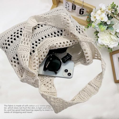 Image of Beach Mesh Crochet Tote Bag Knitted Bag Aesthetic Shoulder Bag Handbags Hollow Hobo Bag for Women Summer (Beige)