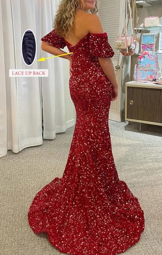 Off Shoulder Puffy Sleeve Mermaid Prom Dresses Long 2024 with Slit Sequin Formal Evening Party Gowns for Women3
