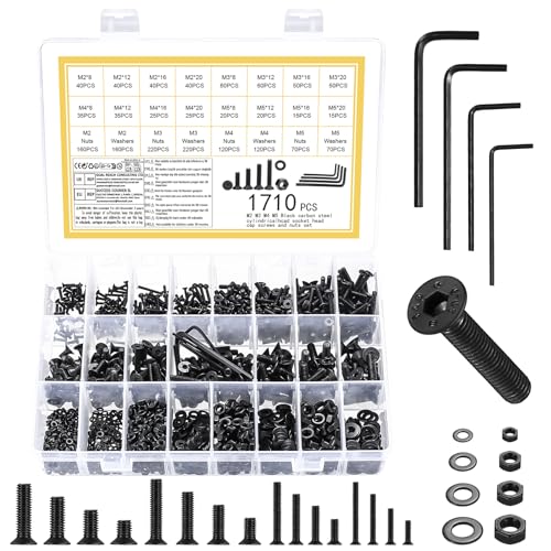 1710 PcsVis M2 M3 M4 M5, Boulons et Écrous Set, Vis à Tête Fraisée Plate à Six Pans Creux et Rondelles, Assortiment de Vis à Tête Cylindrique à Six...