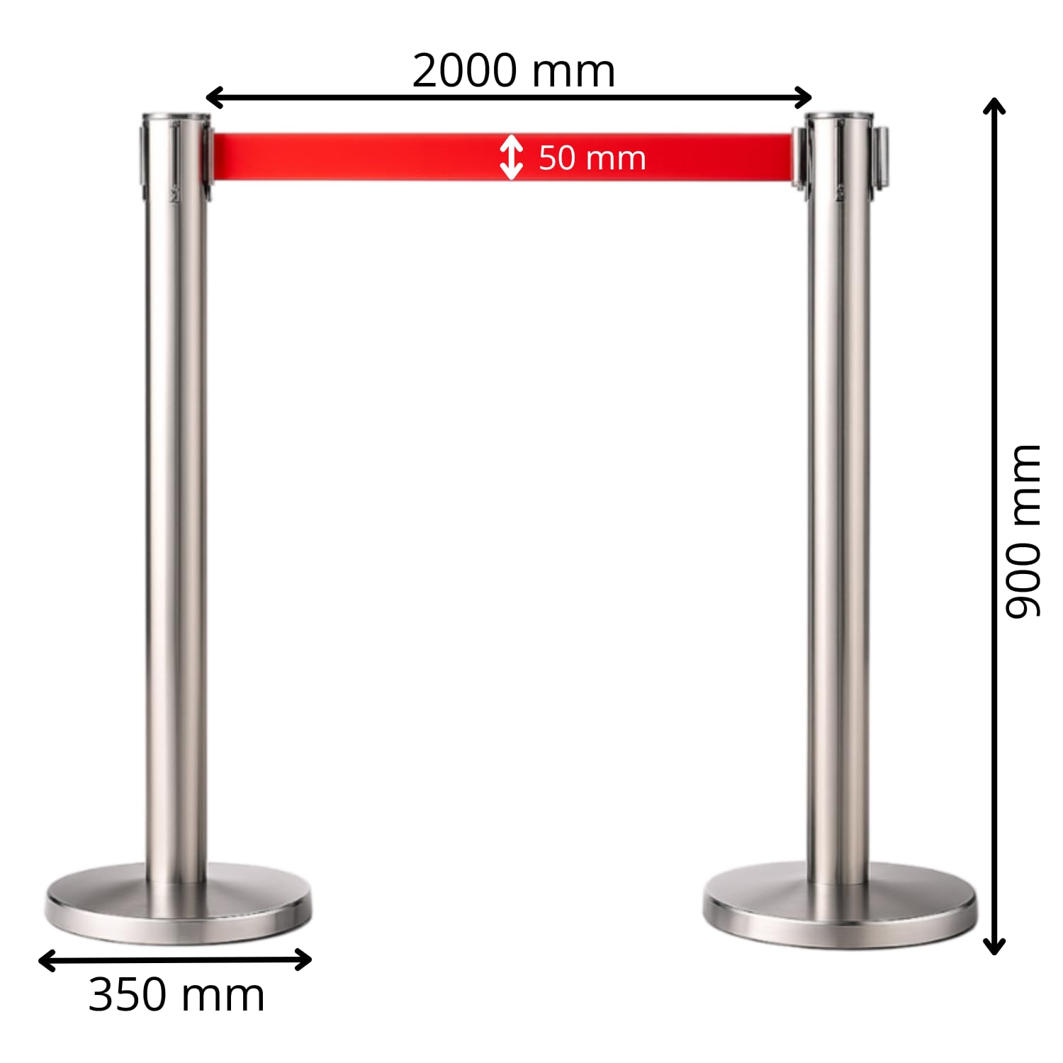 Générique Pack 2 Poteaux Guide-File Télescopiques – Hauteur 90 cm – Sangle Rouge 2 m Intégrée – Tête Multidirectionnelle – Base Lourde Antidérapante – Finition Argentée