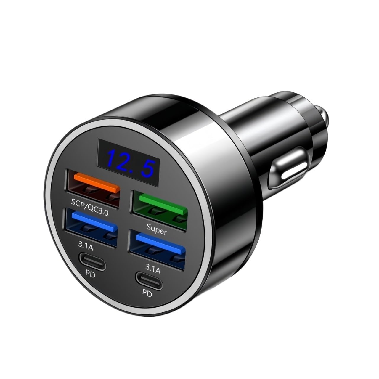 Chargeur de Voiture, Adaptateur 6 en 1 for téléphone Portable, câble USB PD Type C, Allume-Cigare avec Affichage QC(6 Ports)