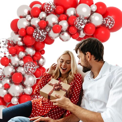 Image of Red Silver Balloon Garland Arch Kit - Red and Metallic Silver Balloons Confetti Latex Balloon for Birthday Wedding Graduation Retirement Valentines Day Christmas Party Decorations