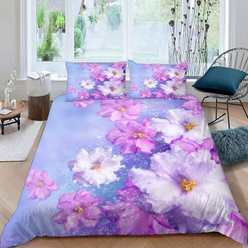 Funda Nordica Cama 105 Flores Ropa de Cama Púrpura Microfibra Suav Funda Edredon 200x200, Funda Nórdica Chica y 2 Funda de Almohada 50x80 cm, e6223