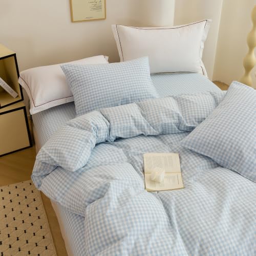 Image of ECOCOTT Gingham Duvet Cover Bedding Set 100% Washed Cotton Linen Like King
