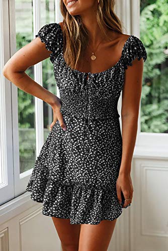 Image of Valphsio Womens Smocked Dress Ruffle Floral Tie Front Boho Short Dresses