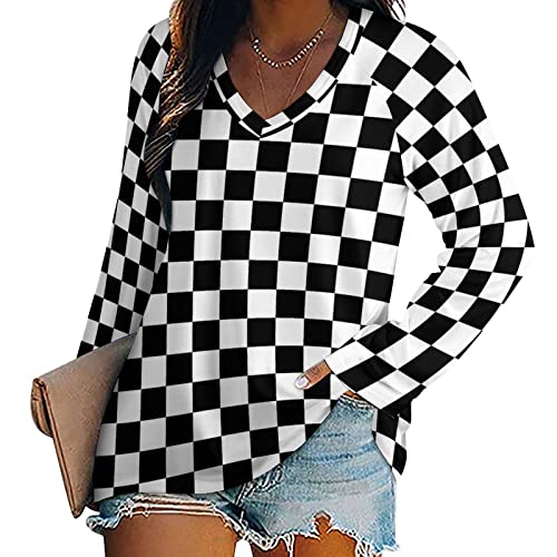 SEPTYK Black White Race Checkered Flag Pattern Women Long Sleeve Tops V-Neck T-Shirt Casual Loose Graphic Pullover Tee