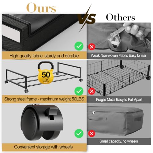 Yecaye-60L-Under-Bed-Storage-with-Wheels-4-Pack-Black-360-Rolling-Wheels-Clear-Lids-Label-Reinforced-Handle-Rolling-Metal-Drawers-for-Clothes-Blankets-Shoes-in-Bedroom