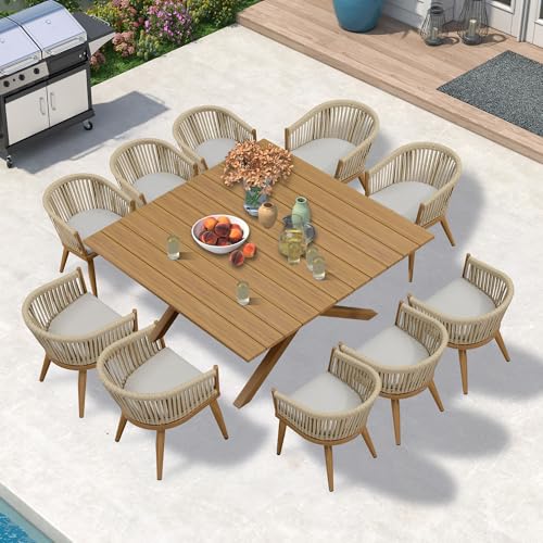 Image of PURPLE LEAF 12 Pieces Outdoor Dining Set with Patio Aluminium Dining Table and Wicker Chairs Modern Furniture Cushions Sets for Backyard Indoor Decor Kitchen Teak