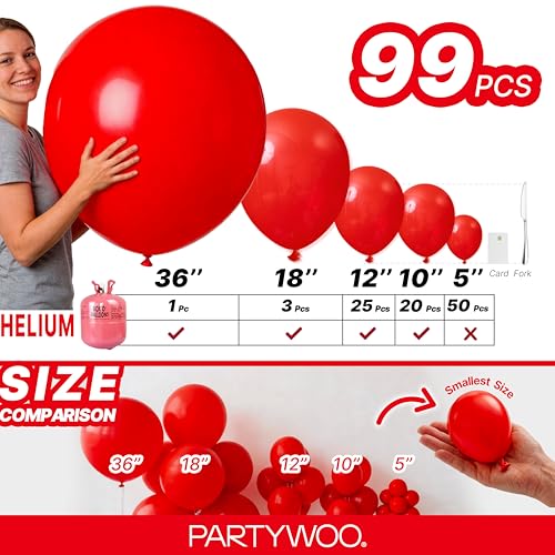 Image of PartyWoo Red Balloons 99 pcs Different Sizes of 36 18 12 10 5 Inch Red Balloon Arch Kit Garland for Birthday Graduation Bachelorette Citizenship Anniversary Cherry Casino Party Decorations Red-Y57