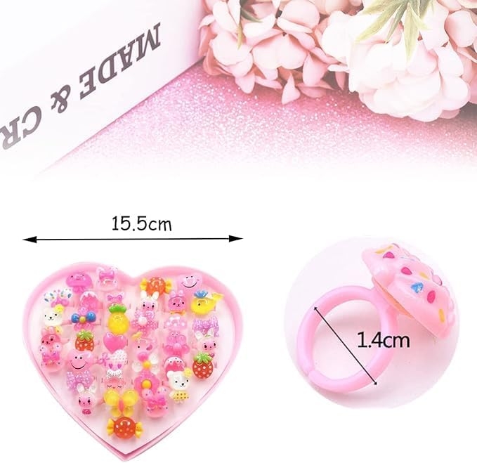 Image of Adjustable Rings Set for Kids | 36 Pcs Jewelry Rings with Heart Shape Box, Birthday Gift