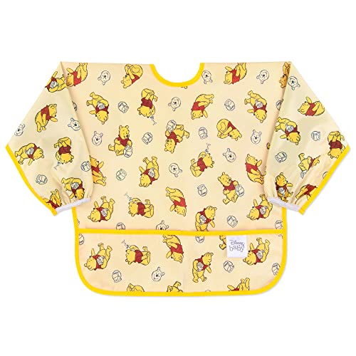 Image of Bumkins Disney Sleeved Bib for Girl or Boy, Baby and Toddler for 6-24 Mos, Essential Must Have for Eating, Feeding, Baby Led Weaning, Long Sleeve Mess Saving Food Catcher, Winnie the Pooh Hunny