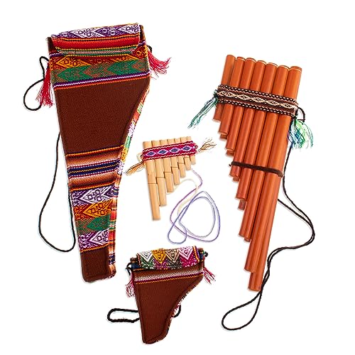 NOVICA Bamboo Andean Zampona Panpipes Set with Textile Accents and Carrying Case, Pair of 1 Large and 1 Small, Inca Serenade'