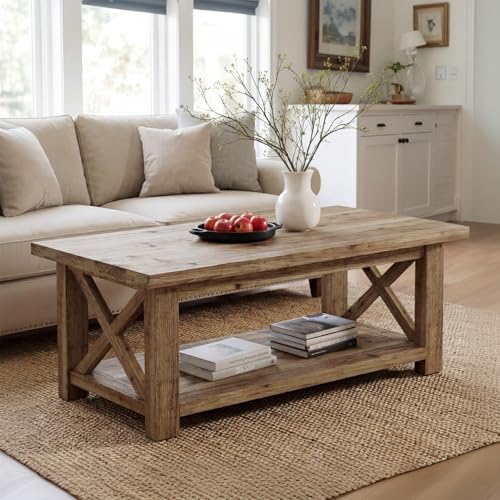 TRIBEWOOD Solid Wood Coffee Table with X-Frame Side, 2-Tier Farmhouse Rectangular Center Table for...