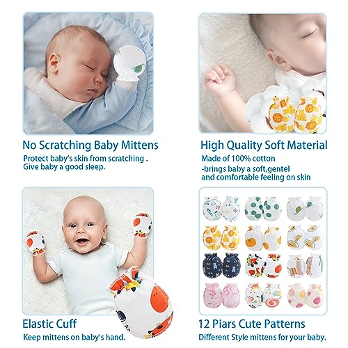 12 Pair Newborn Baby Mittens Infant Baby Gloves for Baby Girls Boys Baby Mittens 0-6 Months No-Scratch Soft Gloves3