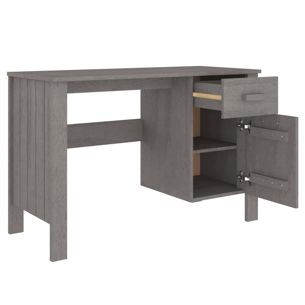 Scrivania grigio chiaro in legno di pino massiccio, 113 x 50 x 75 cm, con cassetto e porta, per ufficio, casa, studio e camera dei ragazzi