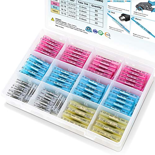 TICONN 300 PCS Heat Shrink Butt Connectors Kit, AWG 24 – 10 4 Sizes Butt Splice, Insulated Waterproof Electrical Marine Automotive Wire Crimp Terminals