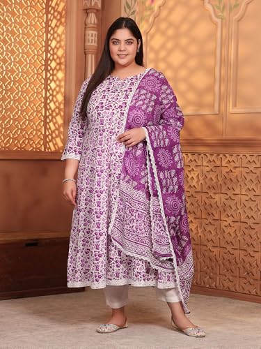 Image of MEERA FAB Women's Pure Cotton Printed Anarkali Kurta with Palazzos & Dupatta