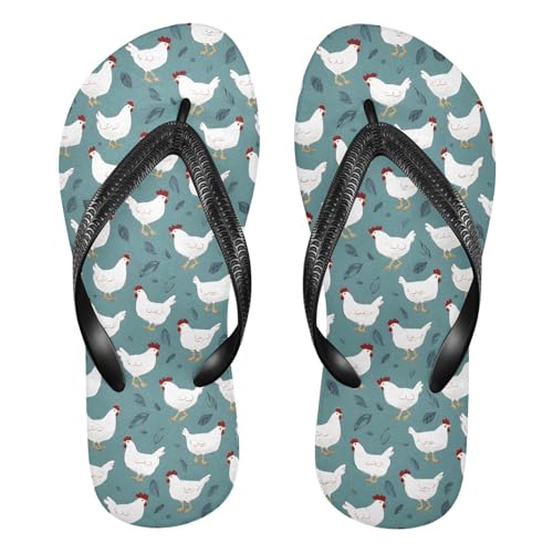 ALAZA White Chicken Farm Animal Flip Flops for Women Fashion Beach Slippers Comfort Mens Flip Flops Non-Slip Rubber Shower Slippers Sandal for Hotel Travel Sport,XS