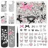 100 Pcs Bling Flat Back Junk Charm Kit for Junk Socks/Shoes/Phone Cases/Bracelets & DIY Accessories, Including Silver and Pink Bows/Hearts/Stars/Rhinestone Charms, Great Christmas Gift Idea for Girls