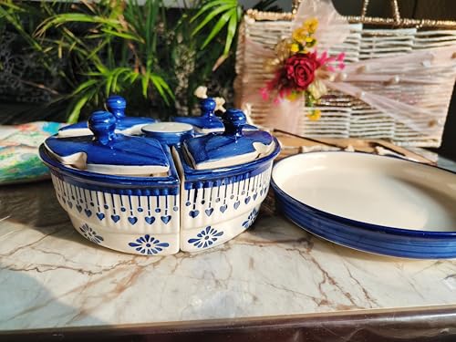 Image of Niyara Multipurpose Storage Ceramic Pickle set Jars with Lid & tray & spoon & Salt Dispenser (Set of 5, 300 ML) (Blue Jhalar)