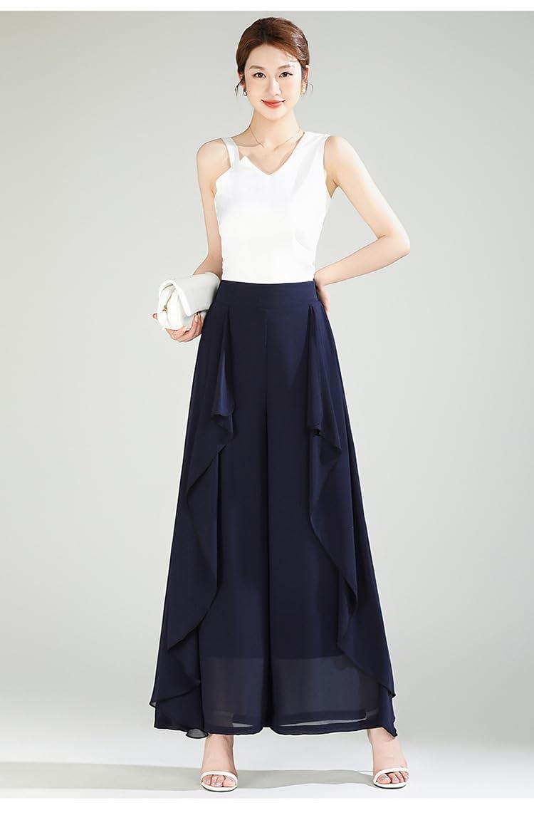 Chiffon Rockhose mit Hohem Bund, Rüschen, Elastischem Bund Hinten, Fließendem, Weitem Bein, Palazzo Culottes, Knöchellang, Lässige Kleiderhose für Strand, Hochzeit, Resort und Freizei