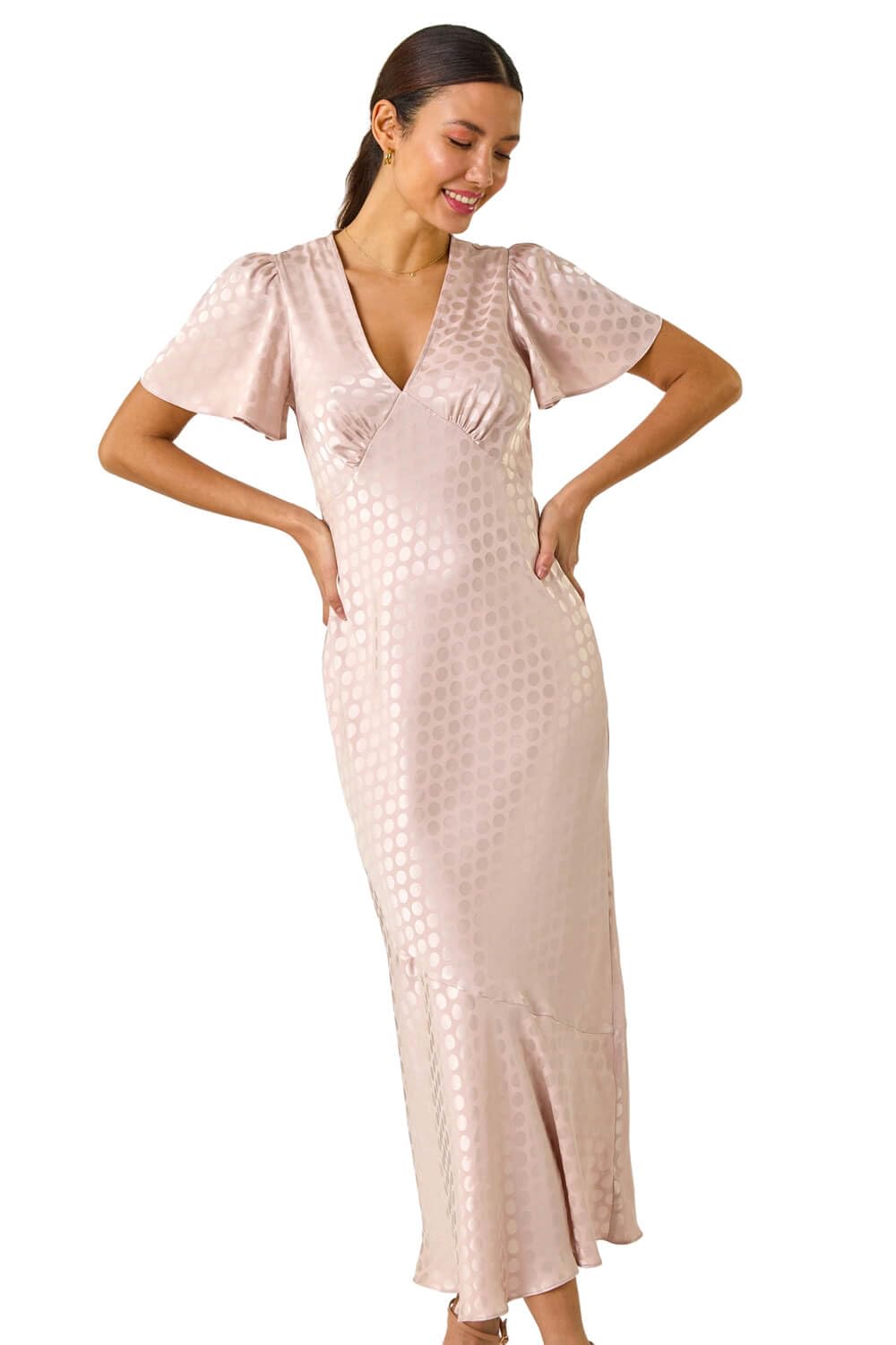 Roman Originals Women's Natural Satin Spot Print Midi Dress For Uk - Everyday Holiday Spring Summer V-Neckline Comfy Soft Evening Vacation Work Party - Size 18