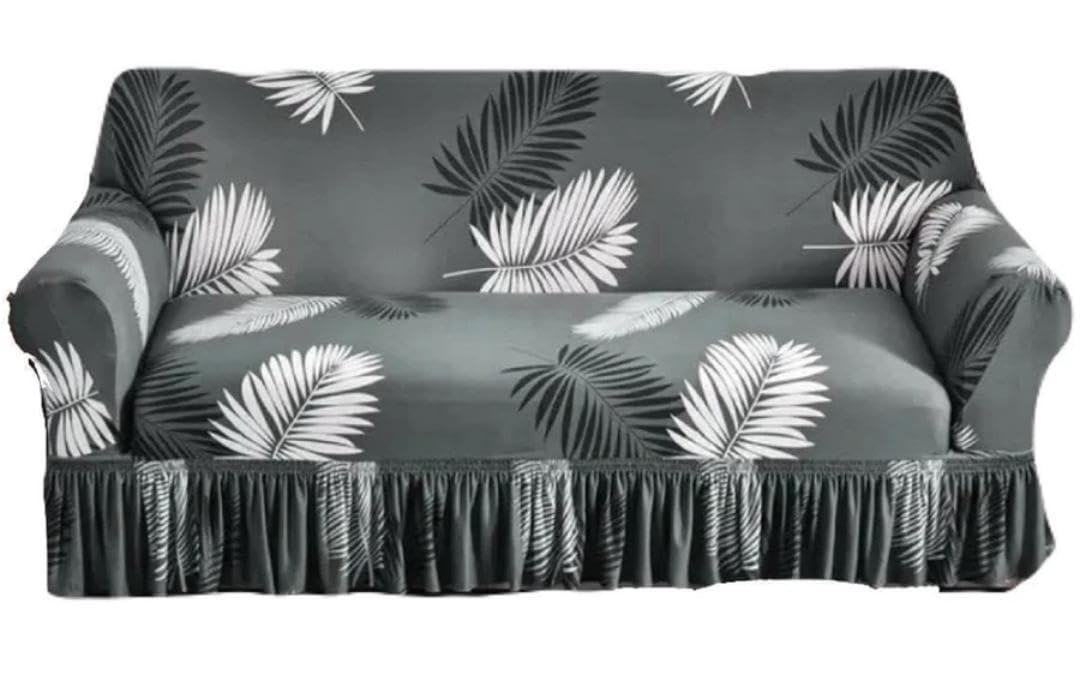Floral Print Sofa Cover 3 Seater with Frill,Elastic Fitting (Grey Patta)-image-44