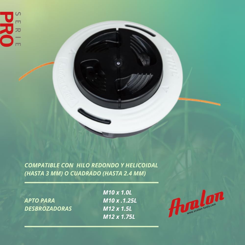 Avalon - Cabezal para desbrozadora Universal Profesional Carga fácil Recambio M10 M12 Compatible con desbrozadora recortabordes Stihl FS Incluye adaptadores e Hilo de Corte