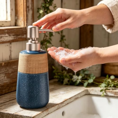 Image of Hand Soap Dispenser, Ceramic Liquid Soap Dispenser for Bathroom Countertop Dish Hand Soap Dispenser for Kitchen Sink, Bathroom Lotion Bottle Dispensers Boho Kitchen Home Decor,15 OZ Blue