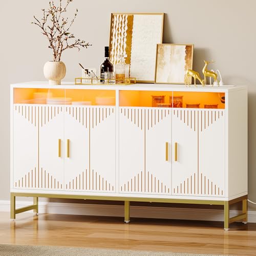 DWVO Modern Kitchen Storage Cabinet with Power Outlet and LED Light, 55" Sideboard Buffet Cabinet with Storage for Living Room, Kitchen, Hallway, White/Gold