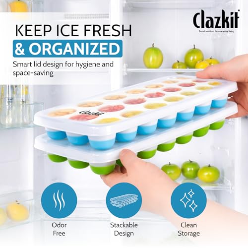Image of Clazkit Silicone Ice Cube Tray with Lid (2 Pack, 21 Cavities Each) | Easy Pop-Out Round Ice Mold | BPA Free Flexible Ice Tray | Stackable Ice Cube Maker for Freezer, Whiskey, Cocktails, Juice