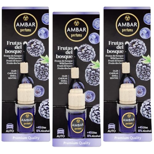 Ambar Perfums - Ambientador Coche Frutas del Bosque Pack 3 Unidades | Colgante 6,5 ml | Elimina Malos Olores | 0% Alcohol | Extractos Naturales | Duración +45 Días | Aroma Intenso y Duradero