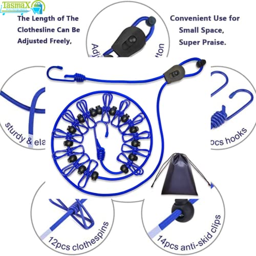 Image of TASMAX Cloth line Rope for Cloth Drying Cloth Drying Rope with Hooks Rope for Drying Clothes Hanging with 12 Clips for Clothes Drying Wire for Clothes Pack of 3