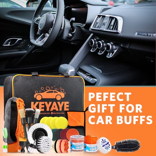 Image of KEYAYE 25 Pcs Car Cleaning Kit, Car Detailing Kit with Ultra-Soft Car Detailing Brushes, Car Washing Kit with Microfibre Cleaning Cloth, Car Wash Mitt, Alloy Wheel Brush, Drill Brushes Set and Bag