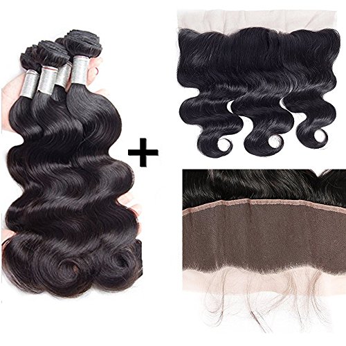 Perstar Brazilian Virgin Hair Body Wave 3 Bundles With Lace Frontal Closure 13x4 Ear To Ear Frontal Remy Human Hair Extensions(18 20 22+16 lace frontal, Natural Color)