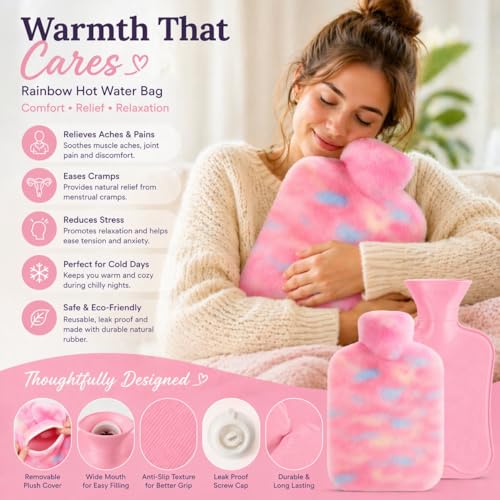 Image of Hot Water Bag with Soft Plush Cover 2000ml, Medical Grade Silicone Hot Water Bottle for Period Cramps, Hot & Cold Therapy, Back Pain, Muscle Aches, Body Relaxation Heating Pad (Rainbow Swirl)