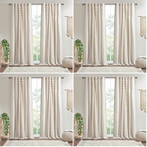 Image of INK+IVY Imani 100% Cotton Panel Curtain Tufted Chenille Stripe Geometric Print Mid-Century Look Rod Pocket Top Drape for Living Room,Privacy Window Treatment for Bedroom,50 inch x 84 inch,Ivory,(Pack of 4)