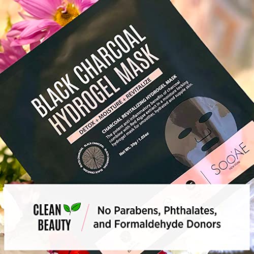 Soo'ae Black Charcoal Hydrogel Mask, Pack Of 12, Detox Moisture Revitalize Premium Black Hydrogel Facial Masks #TOP5