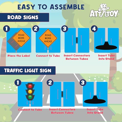 Attatoy Large Traffic Signs Playset (32pc Set), 42in Tall Street Sign and Traffic Light Set for Play with Ride-On Cars and Vehicles