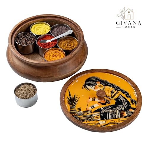 Image of Wooden Spice box for kitchen with spoon, Mango wood box with 7 Steel containers | Masala box for kitchen | Masala Dani | Best Gift (Yellow Masala Box)