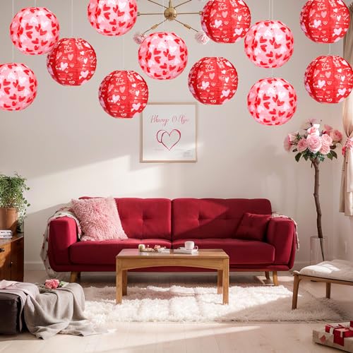 Image of Bencailor 12 Pcs Valentine's Day Paper Lanterns Party Decorations Heart Hanging Round Lanterns 12 Inch Hanging Paper Decorations for Valentines Party Wedding Anniversary Supplies(Heart)
