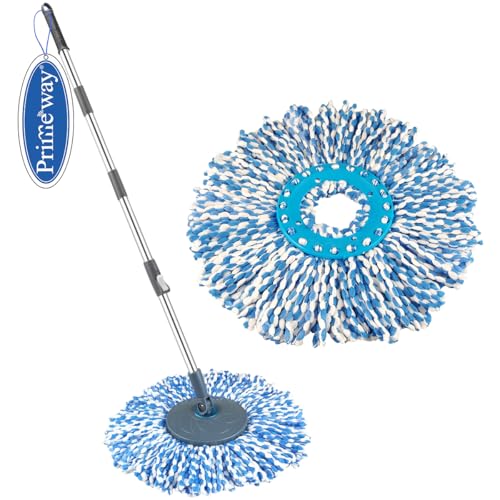 Image of Primeway Stainless Steel 109-127cm 50 inch Length Extendable Handle Stick Rod for 360 Degree Spin Mop | Replacement Spares Set with 2 Microfibre Refills | Dry & Wet Pocha for Floor Cleaning